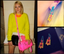 Lois Waller from Bunnipunch in colourful statement Havana earrings during London Fashion Week