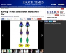 The Epoch Times New York Spring Trends - April 17, 2014 - Jolita Jewellery feature - Frenemy statement earrings, hand-made with beautiful dipped in gold cobalt blue and emerald green crystals, purple Brazilian amethyst, skull and neon Swarovski pearls