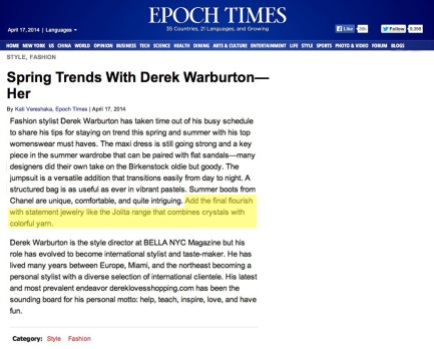 The Epoch Times New York Spring Trends - April 17, 2014 - Jolita Jewellery feature