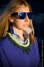 Marian from Go Fashion Go blog is wearing Barcelona Chartreuse necklace by Jolita Jewellery, made with bohemian glass rhinestones and braided silks in chartreuse, mixing in a hint of blue and metallic