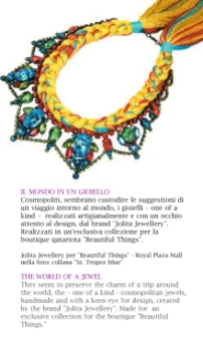Italian Magazine Via Condotti, Globetrotter article - shopping in world's capitals - featuring Jolita Jewellery's St.Tropez necklace featured for shopping in Doha, Qatar Beautiful Things Boutique