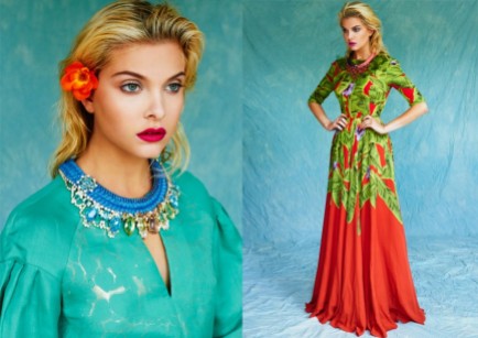 Kit Magazine July issue - a model on the left is wearing Jolita Jewellery's luxury Florence statement necklace, made with a double silk braid in blue, embellished with three rows of small blue crystals and adorned with array of dipped in gold deconstructed colourful jewels. A model on the right is wearing Malaga necklace in a dip-dyed plum brown and coral pink silk braid, with red crystals, dipped in gold.