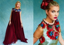 Kit Magazine July issue - a model on the right is wearing Jolita Jewellery's Paris statement necklace, made with red crystals and a thick silk braid in cream and red