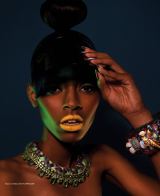 Neon Dreams editorial with Jolita Jewellery pieces published in FashizBlack magazine, November - December Issue 2013. A model is wearing Barcelona collar and Skull and Flower statement bangle by Jolita Jewellery.