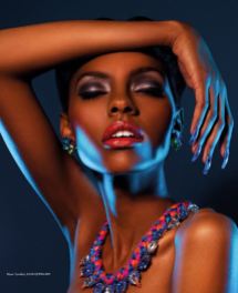 Neon Dreams editorial with Jolita Jewellery pieces published in FashizBlack magazine, November - December Issue 2013. A model is wearing colourful Ipanima clip-on earrings and Milan necklace by Jolita Jewellery.
