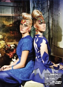 Elegant Magazine, December 2013 - Dreamy Jewellery editorial featuring Jolita Jewellery. A model on left is wearing Beirut earrings and hand-painted luxury Tangier necklace, styled as a headpiece. A model on the right is in colourful Havana statement earrings and hand-painted Salvador statement necklace.
