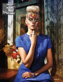Elegant Magazine, December 2013 - Dreamy Jewellery editorial featuring Jolita Jewellery. A model is wearing Beirut earrings and hand-painted luxury Tangier necklace, styled as a headpiece.