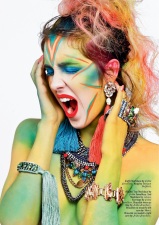 Issue #24 of HUF Magazine - Rainbow of Chaos Editorial - Jolita Jewellery feature: Skull and tassel earrings, Marrakech necklace, braided bracelet and crystal bracelet worn as a ring