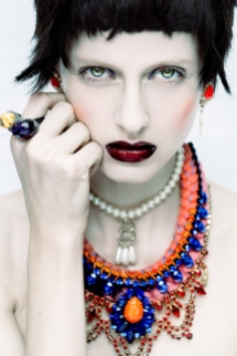 All Hollow Magazine, March 2014 - model Chloe is wearing skull earrings, skull ring and two statement necklace by Jolita Jewellery, hand-made with hand-dyed silk and crystals