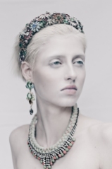 All Hollow Magazine, March 2014 - model Chloe is wearing Baroness crystal and skull earrings and Monaco statement necklace by Jolita Jewellery, hand-made with hand-dyed silk and crystals