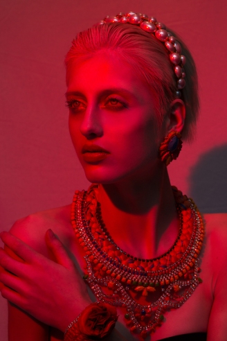 All Hollow Magazine, March 2014 - model Chloe is wearing Madrid crystal earrings, braided cuff and Alexandria statement necklace by Jolita Jewellery. Necklace and cuff are made with hand-dyed silk and dipped in gold crystals