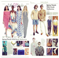The Epoch Times New York Spring Trends - April 17, 2014 - Jolita Jewellery feature - Maldives statement necklace, made with a dip-dyed silk braid, gradually changing from yellow to light blue, embellished with clear crystal necklace and clear crystal beaded bug