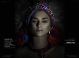 TWO Magazine - in Jolita Jewellery's Skull and tassel earrings, Madeira necklace, and worn as headpieces - Verona and Cairo necklaces, made mixing silk and crystals