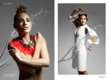 Institute magazine - Dali editorial in Jolita Jewellery statement pieces: red feather statement necklace, embellished with Swarovski crystals, image on the right - crystal Debutante statement earrings