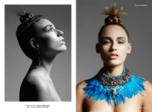 Institute magazine - Dali editorial in Jolita Jewellery statement pieces: blue feather statement necklace, embellished with Swarovski crystals, image on the left - crystal Debutante statement earrings and luxury Duchess crystal collar, embellished with Swarovski crystals