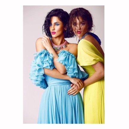 Flawless Magazine - In luxury Katayoon dresses and Jolita Jewellery's braided blue Santorini and pink Salzburg statement necklaces, created with hand-dyed silk braid and crystals